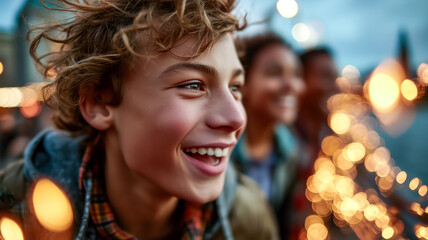 Joyful young person with curly hair smiles brightly amidst blurred lights with a diverse group of people in the background.