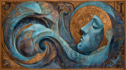 educational poster on sacred archetypes | sacred transformation | narrative mystery | ethereal blues and gold | iconic density | hidden glyphs | ornamental texture | figurative distortion | goddess