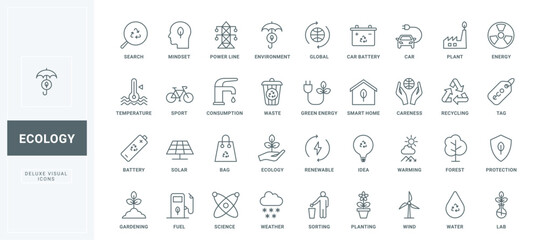 Ecology, green energy, eco technology for industry line icons set. Alternative resources management, trash recycling to save climate of Earth thin black and red outline symbols, vector illustration