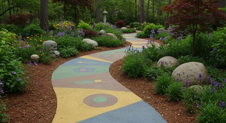 Landscape Photo Winding Garden Path Lush Plants Stone Rocks Outdoors