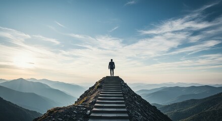 Landscape Photo Person Achieving Mountain Peak Success Under Blue Sky