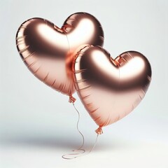 Two realistic heart-shaped flying rose gold balloons isolated on a white Background