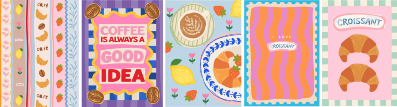 Coffee and croissant. Vector cute french illustration of seamless mediterranean pattern with dessert, lemon, strawberry, bean, cappuccino for cafe art poster, kitchen card, background or postage stamp