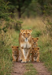 Lioness and Cubs Photo Walking Together on Savannah Trail