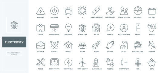 Electric energy and supply thin black and red line icons set vector illustration. Outline toolbox of electrician and household appliances symbols, circuit and high voltage power poles, LED lamp