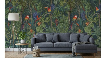 Living Room with Sofa and Parrot Jungle Illustration Background