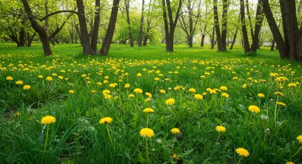 Lush Dandelion Field Green Grass And Tree Trunks In Meadow Nature