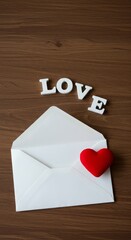 Love Envelope with Heart on Wooden Background for Valentine Message