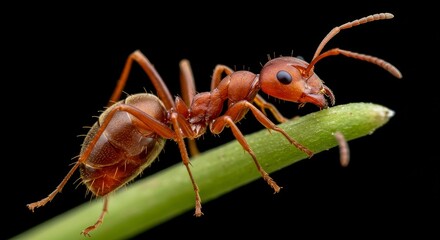 Macro Photo of a Red Ant on Green Grass in Detailed Closeup