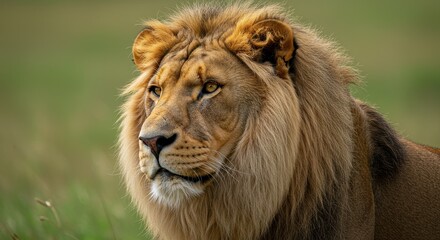 Majestic Lion Portrait With Shaggy Mane On Green Grass Nature