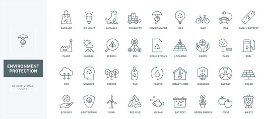 Environment and ecology protection line icons set. Smart eco house and green energy of wind and solar panel, power battery and bio fuel thin black and red outline symbols, vector illustration