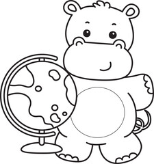 Outline of Cute hippo icon. Coloring page of Funny baby hippo animal series stock illustration. life of fluffy hippo designs.