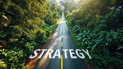 Strategy images, Road on forest, Strategic Road Through Jungle – Conceptual Aerial View of Strategy Pathway Surrounded by Tropical Forest