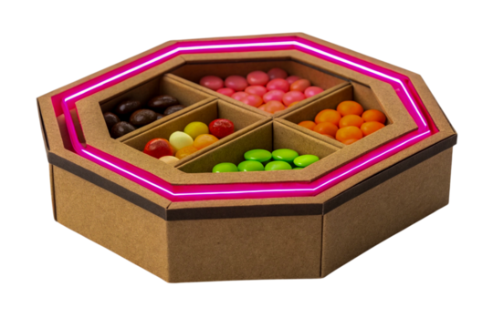 Colorful Candy in Octagon Box with Neon Light on Transparent Background, ai generated