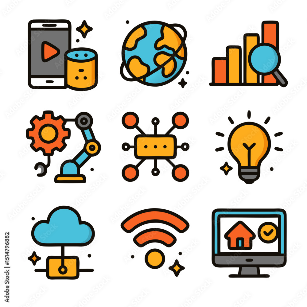 Poster nine internet things icons. include smart devices, connected world, data analysis, automation techno