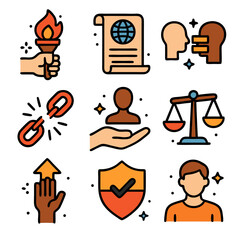 nine human rights icons. include civil liberties, universal declaration, equality before, freedom from, personal autonomy, social justice, equal opportunity, right to, human dignity.