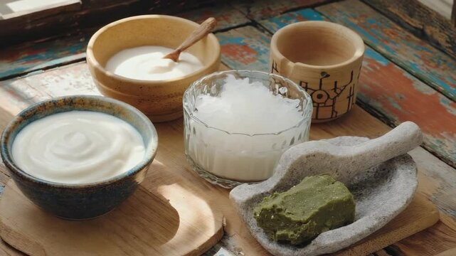A vibrant assortment of fermented foods including yogurt, kefir, miso, and sauerkraut, presented in rustic bowls and jars, showcasing their textures and flavors.