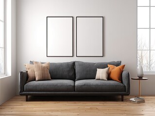 Modern living room with gray sofa and blank frames