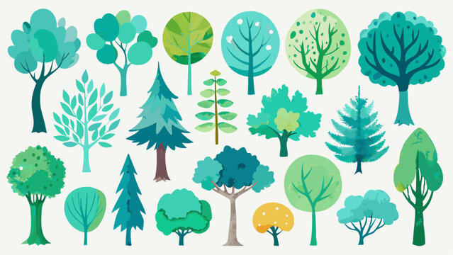Collection of Watercolor Style Trees: Diverse Shapes and Colors for Design Elements