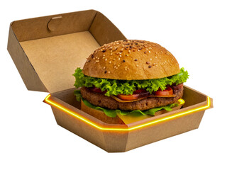Delicious hamburger in a cardboard box with neon effect and transparent background for easy integration on transparent background, ai generated