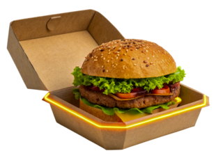 Delicious hamburger in a cardboard box with neon effect and transparent background for easy integration on transparent background, ai generated