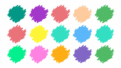 A collection of twelve colorful paint splatters, each a unique hue, arranged in a grid pattern on a stark white background, ideal for design projects needing vibrant accents.
