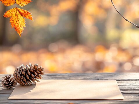 Autumnal Scene with Pine Cones and Kraft Paper on Wooden Surface