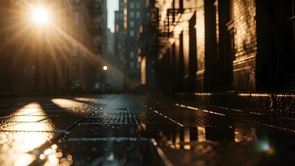 A wet city street reflects the sun's rays, with a soft focus on the foreground and buildings in the background.
