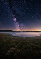 Night Photo of Starry Night Sky Milky Way Over Tranquil Lake