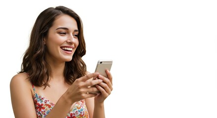 Photo Cheerful Brunette Woman Enjoys Using Smartphone Mobile Online