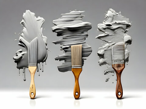Paintbrushes are painting grey black stripes splashes and smears of paint, creating a vibrant contrast showcasing a creative painting process