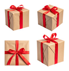 Beautifully Wrapped Christmas Gift Boxes with Red Ribbons for Holidays, Isolated on Transparent Background
