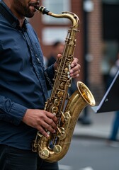 Obraz premium Street Photo of Saxophone Man Performing Jazz Music in the City