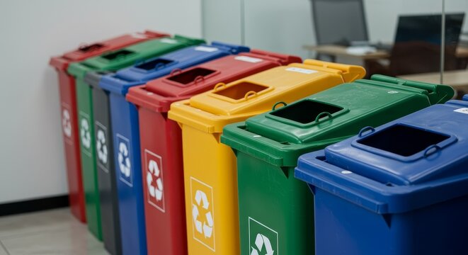 Organized Photo of Recycling Bins In Row With Color-Coded System