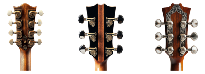 Detailed View of Three Guitar Headstocks Showcasing Unique Designs Isolated Transparent Background