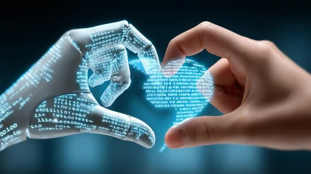 Heart of Technology: A human and a robotic hand intertwine to form a heart shape, filled with lines of code, capturing the evolving bond between humans and technology and its implications.