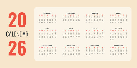 Simple horizontal calendar for 2026. Vector illustration