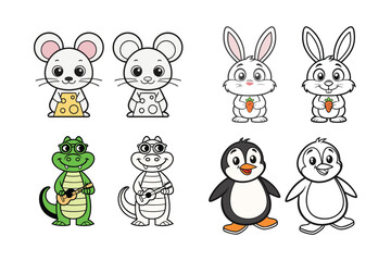 Obraz premium Cute Cartoon Animals Set with Color and Outline Versions for Kids and Coloring Books