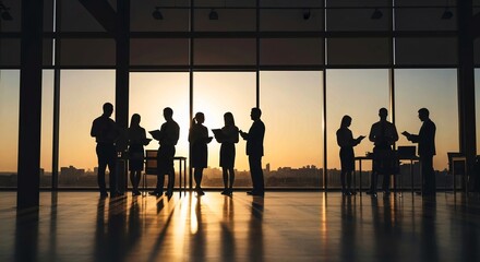 Business Group Silhouetted at Sunset Meeting