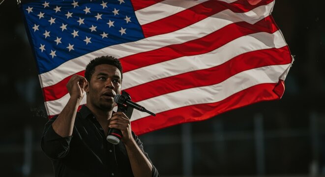 Photo Of Man Speaking At Rally With American Flag Backdrop - Powered by Adobe
