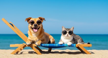 Photo Adorable Dog Cat Enjoying Summer Vacation On Beach Together