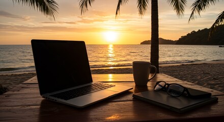 Photo Beach Laptop Sunset Workplace Tropical Sea Work Vacation