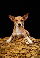 Photo Cute Dog Guarding Golden Treasure on Black Background