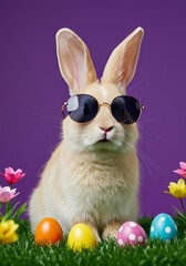 Photo Easter Bunny With Sunglasses On Grass Surrounded By Eggs