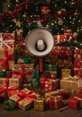 Photo Festive Christmas Gifts Under Tree With Announcement Megaphone