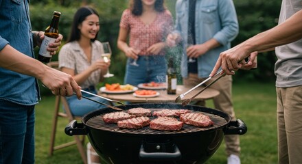 Photo Group Friends Enjoying Backyard Barbecue Grilling Meat Summer
