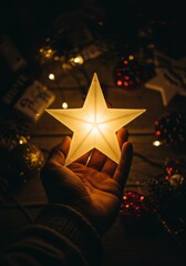 Photo Hand Holding Glowing Star Ornament Christmas Decoration