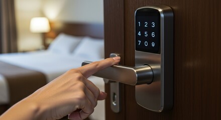 Photo Hand Opens Modern Digital Door Lock Hotel Security System