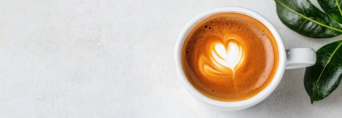 Nation espresso day with hot caffeine idea. Coffee cup with heart latte art and green leaves.
