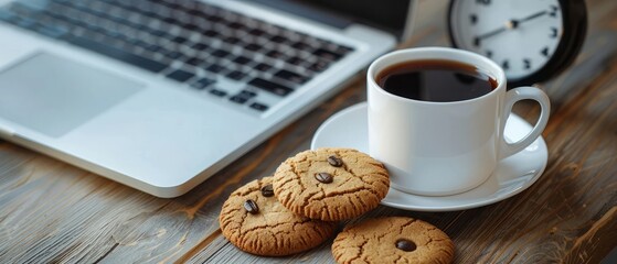 white cup of black coffee with cookies on the office table next to the laptop and clock. business and breakfast time.